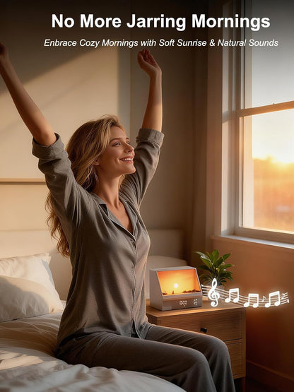 Sunrise Alarm Clock for Bedrooms, White Noise Machine Creative Simulated Sunrise Animation with 7 Modes, 12 Natural Sounds, Music Speaker & Remote, Wake Up Light Sunset Lamp Gifts for Heavy Sleepers