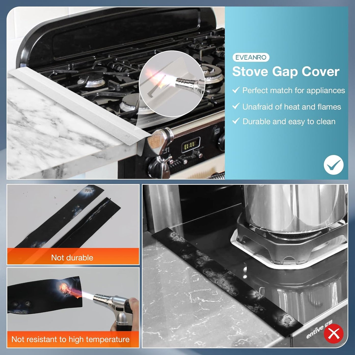 2PCS Kitchen Stove Counter Gap Covers Stainless Steel (13.8"-27.5" Black) | Cooktop Trim Kit, Stove Gap Guards, Oven Gap Filler, Easy to Clean, Heat Resistant & Effectively Protect Stove Gap Filler