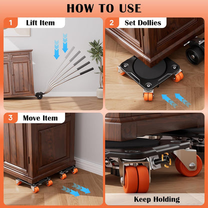 Heavy Duty Furniture Movers with 5-Wheel Dollies, Furniture Dolly Set with Lifter & Base, 360° Swivel Casters, Non-Slip Pads, Up to 2000 lbs Load Capacity