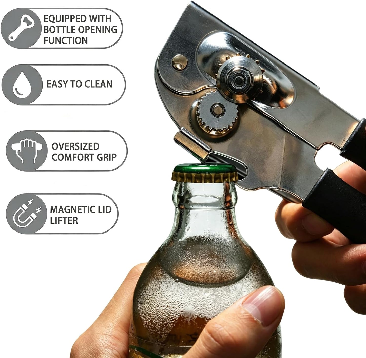 AORRZER® Can Opener Manual with Magnetic Lid Lifter,Can Openers for Seniors | High-Intensity Sharp Steel Blade, Bottle Opener, Comfortable Grip Handle, Kitchen Tools for Home and Commercial (Black)