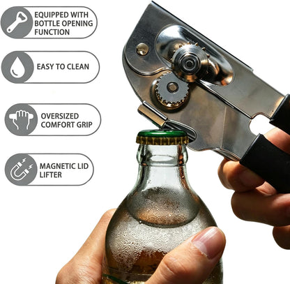AORRZER® Can Opener Manual with Magnetic Lid Lifter,Can Openers for Seniors | High-Intensity Sharp Steel Blade, Bottle Opener, Comfortable Grip Handle, Kitchen Tools for Home and Commercial (Black)