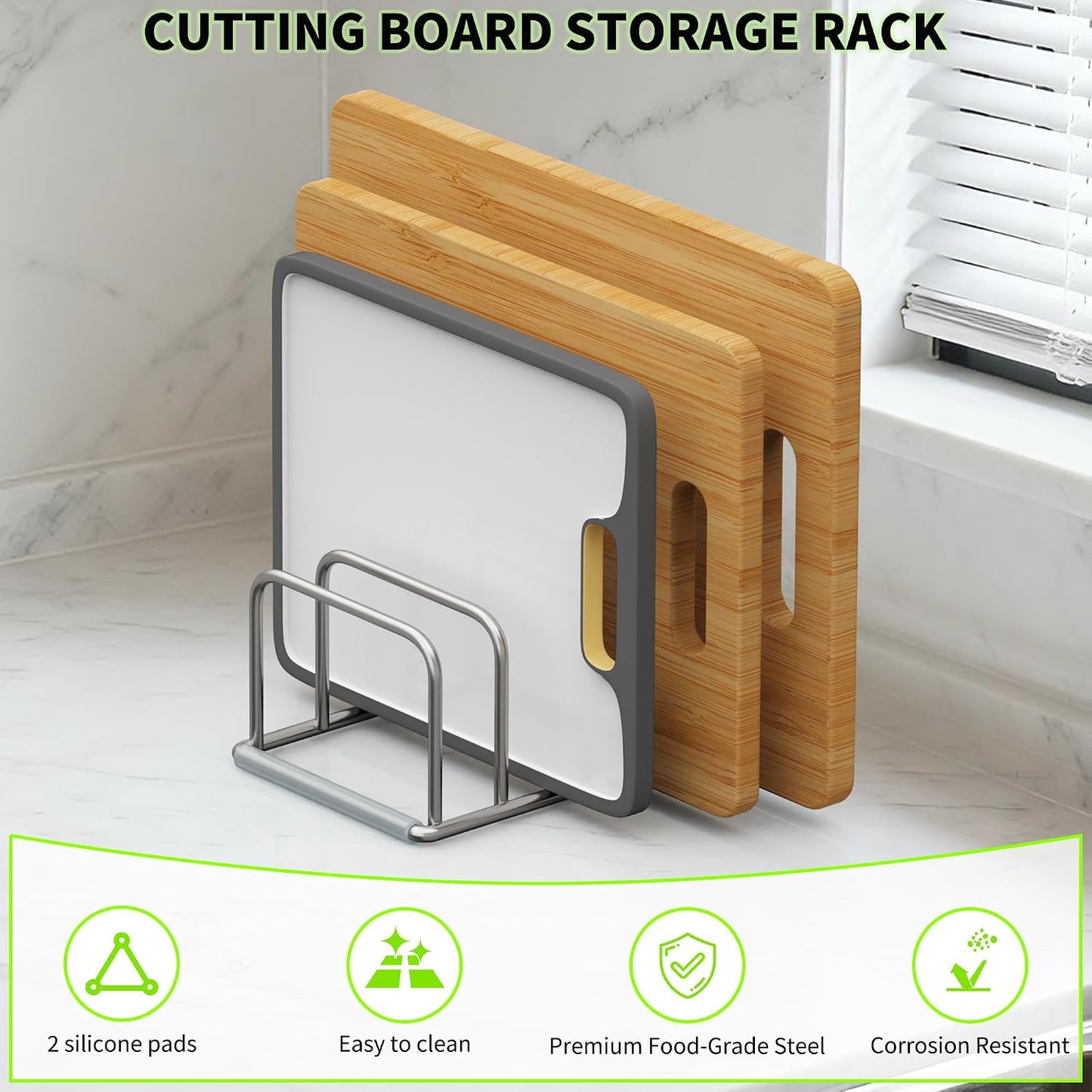 Cutting Board Holder Stand, Chopping Board Organizer Rack with 304 Stainless Steel, Cookie Sheet Storage Organizer, 1.0 & 1.2 Inch Wide Slots (1 Pack)