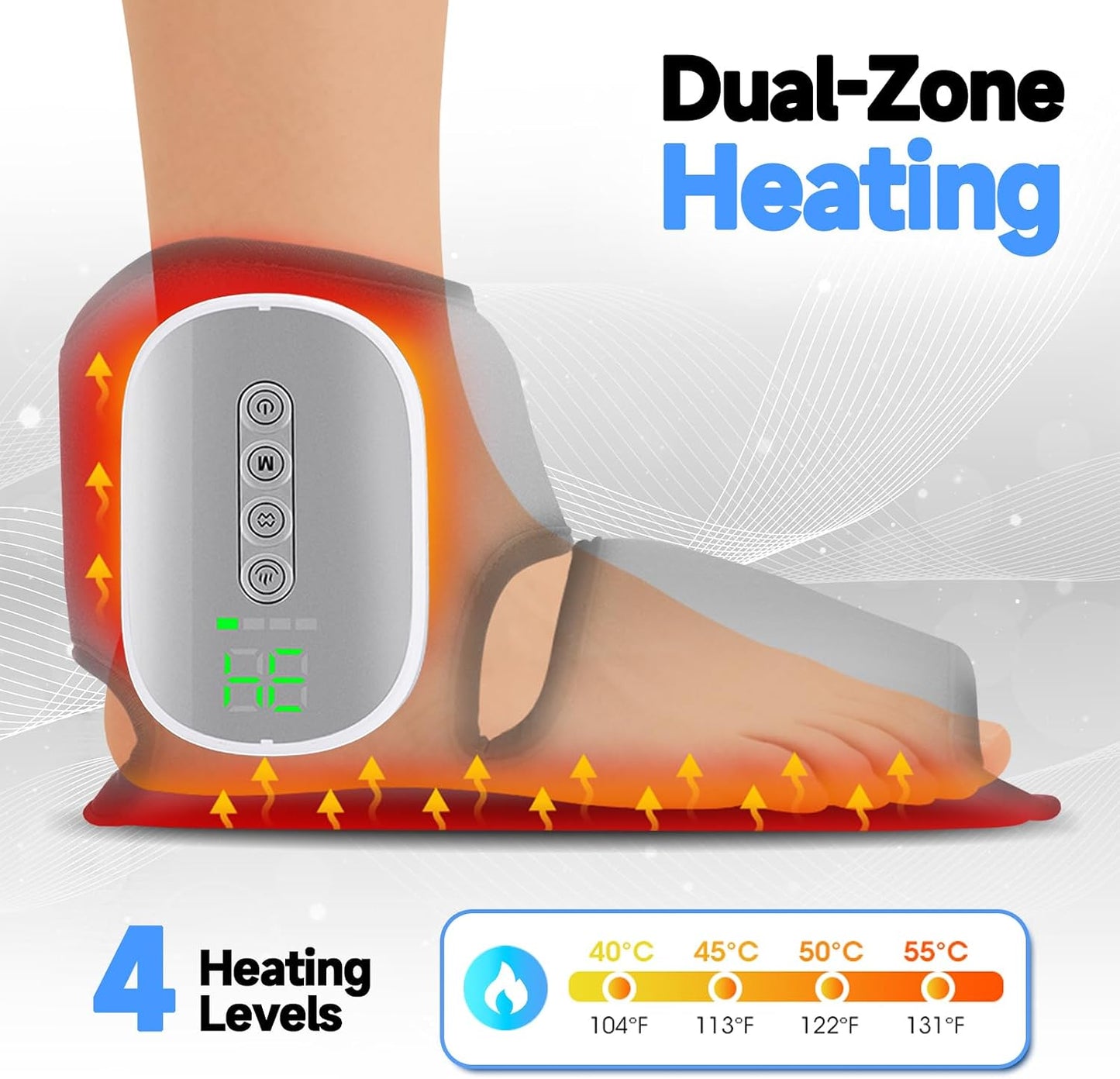 Portable Air Compression Foot Massager with Heat,4 Heat 4 Modes 3 Airbags,Smart Timer,Cordless Ankle Compression Massage for Muscle Relaxation & Fatigue Relief,Gifts for Men Women(Size 5 to 9, 1PC)