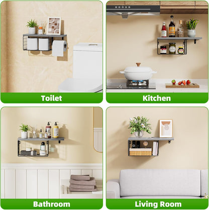 VITVITI Toilet Paper Holder with Shelf, Wall Mounted Storage Basket, Brown | Farmhouse Wall Mount Toilet Paper Holder Shelves, Wood Metal Toilet Roll Wipes Holder for Bathroom