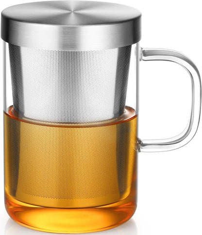 ecooe 16.9 OZ Borosilicate Glass Tea Mug Cup Glasses with Stainless Steel Infuser & Lid, Loose Leaf Tea Cup Clear Teacup 430mL(Use Capacity) | 500ml, Clear Glass Tea Cup, with Stainless Steel Infuser/Lid, Teacup for Loose Leaf Tea, Birthday for Parents