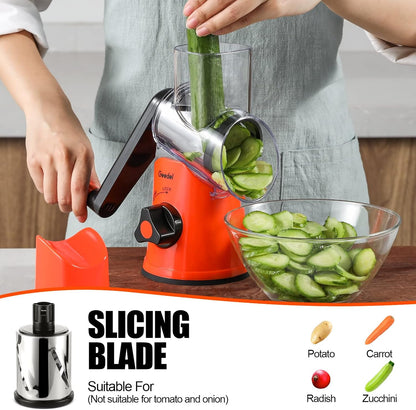 Geedel Rotary Cheese Grater, Kitchen Mandoline Vegetable Slicer with 3 Interchangeable Blades, Easy to Clean Rotary Grater Slicer for Fruit, Vegetables, Nuts | 3 Blades, 430 Stainless Steel, 12x Fast Cutting, Strong Suction Base, No BPA, Dishwasher Safe,