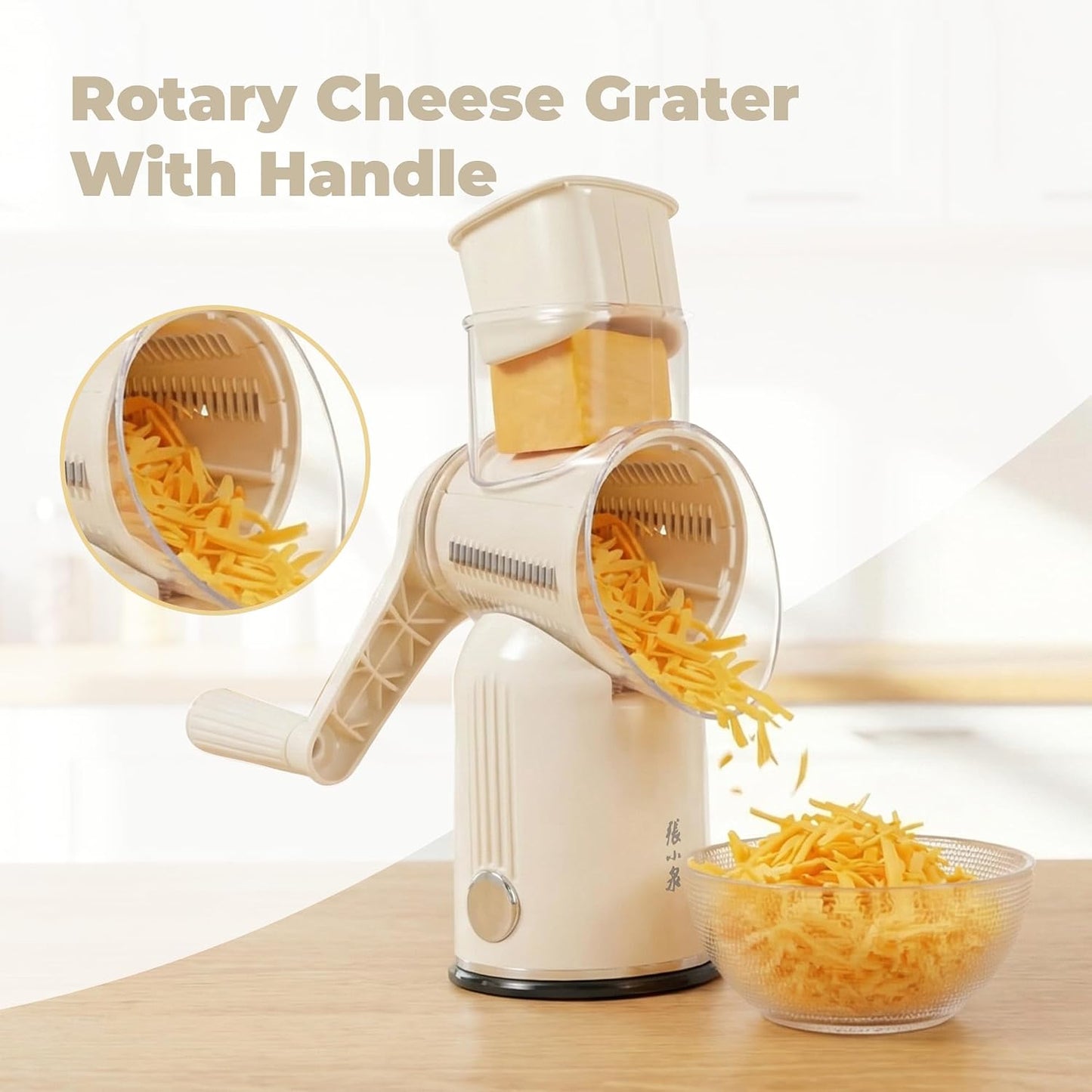 Rotary Cheese Grater Manual Hand Crank with 5 Blades & Suction Base, Kitchen Vegetable Shredder Slicer for Veggie, Nuts, Fruit, Cream
