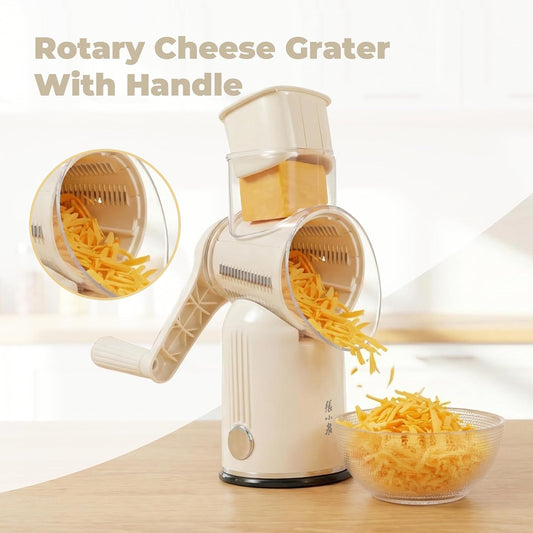Rotary Cheese Grater Manual Hand Crank with 5 Blades & Suction Base, Kitchen Vegetable Shredder Slicer for Veggie, Nuts, Fruit, Cream