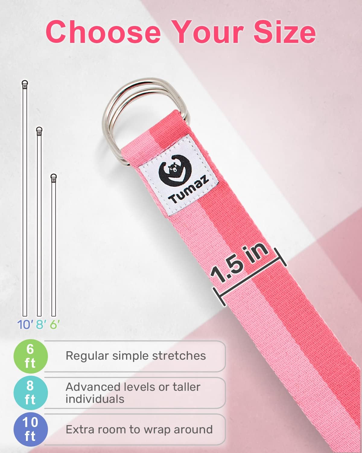 Tumaz Yoga Strap for Stretching with Adjustable D-Ring, 6/8/10 ft