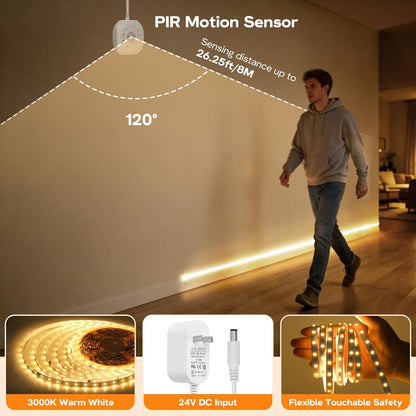 Motion Sensor LED Strip Lights 32.8ft 6500K White with Running Water Effect | Cool white running water flowing motion activated led stair lights, dimmable & auto-off timer,24v for kitchen,corridor,indoor