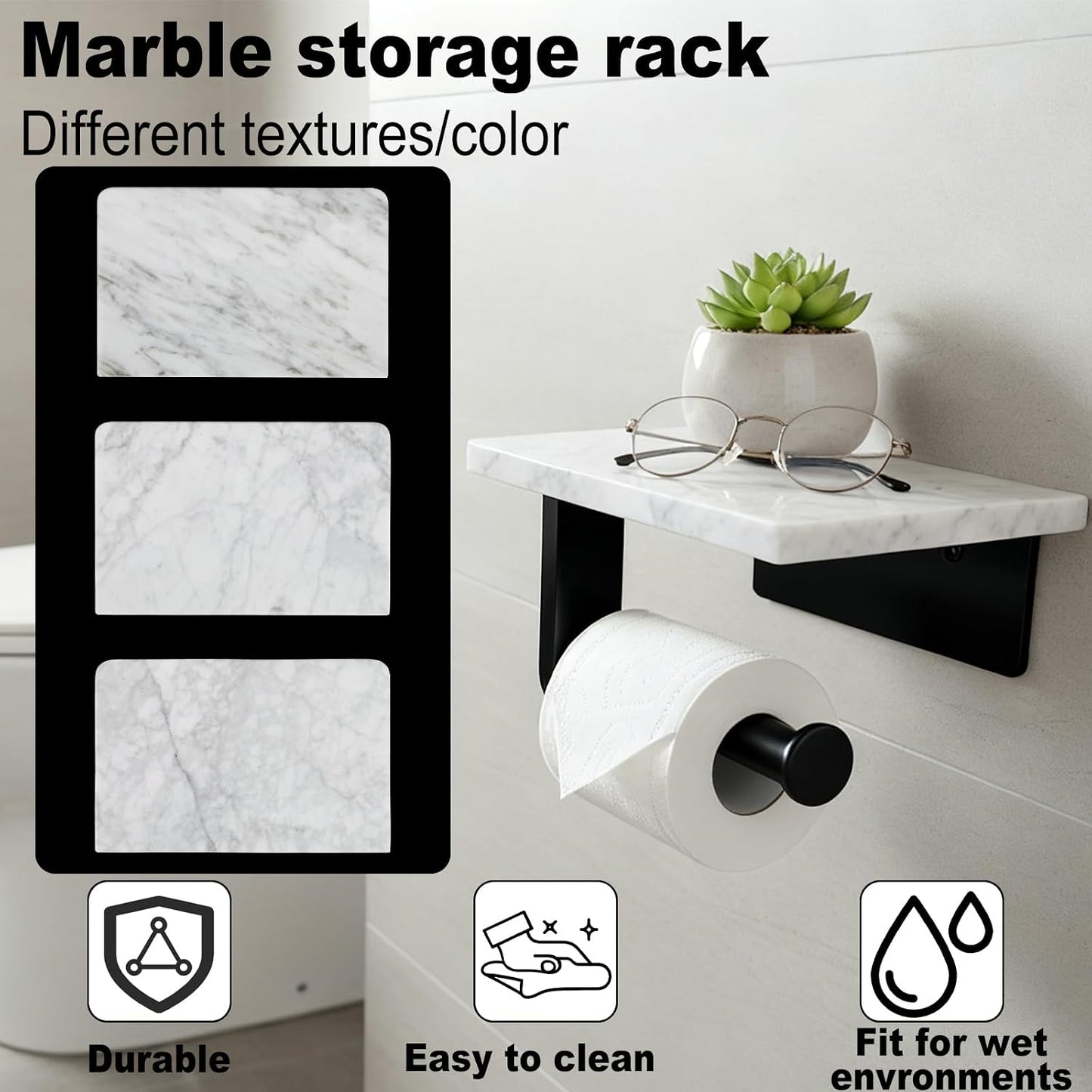 Toilet Paper Holder with Natural Marble Shelf for Bathroom Washroom,Wall Mounted Tissue Holder Suitable for Mega Roll (Brushed Nickel,Small 6.7 * 4.3 in)