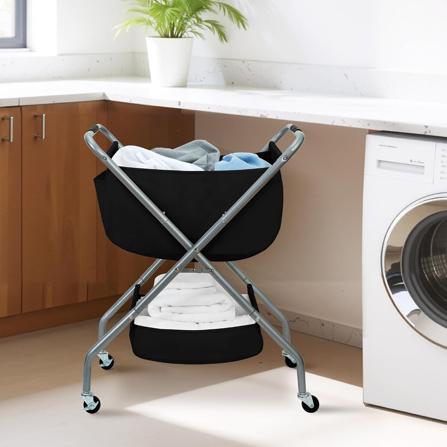STORAGE MANIAC Collapsible Laundry Cart with Wheels 35.6"H Removable Canvas Bag Rolling Laundry Hamper Clothes Basket with Wheels, Sturdy Steel Frame Folding for Small Narrow Space Easy Storage, Beige