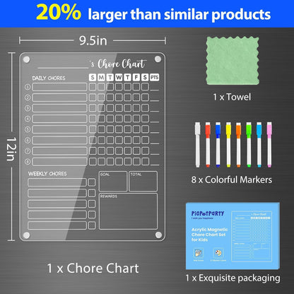 PigPotParty Acrylic Magnetic Chore Chart for Kids, 12x9.5 Inch, 2 Pack | Sleek Clear Acrylic Design, Reward System Builds Habits, Built-In Magnets Require No Installation, 8 Wet-Erase Markers