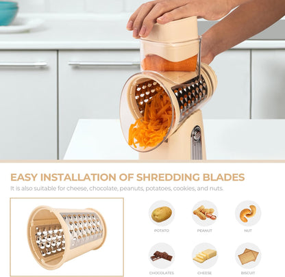SUSTEAS Rotary Cheese Grater 5 Blades,Kitchen Mandoline Vegetable Slicer | White, Easy to Clean, Strong Suction Base, 5 Blades Storage Box, Round Mandoline Slicer & Food Chopper for Salad