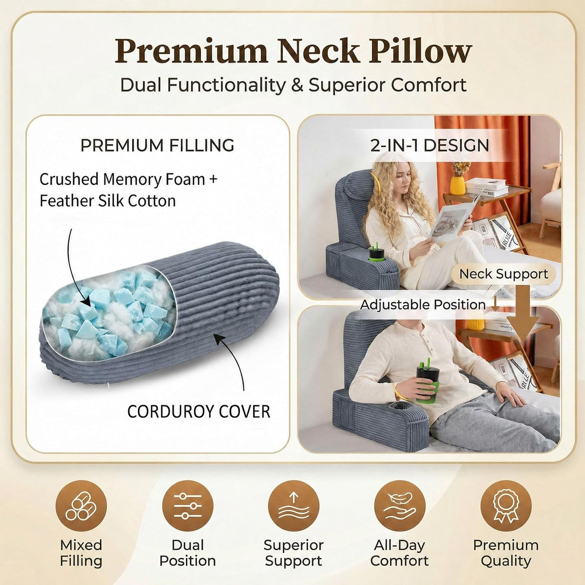 21 INCH Reading Pillow for Adults, Back Pillow for Bed Sitting Up, Backrest Pillow for Sitting in Bed, Detachable Arms with Built-in Cup & Phone Caddy (Gray, 21 INCH)