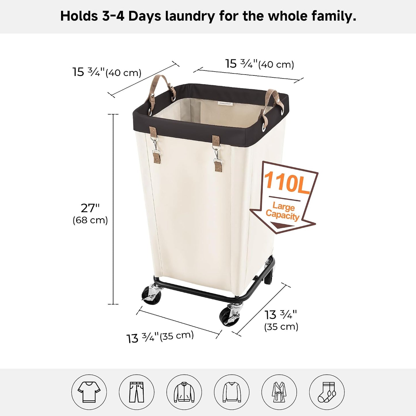 StorageWorks 160L Laundry Basket with Wheels, Rolling Hampers for Clothing | Beige Laundry Basket with Wheels, Metal Frame & Handles, Rolling Hamper for Bedroom, Bathroom, Dorm, Hotel
