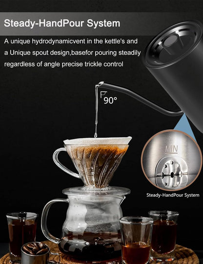 Electric Kettles Gooseneck Electric Kettle with 1°F Precision Temp Control Fast Boiling Pour Over Coffee & Tea Kettle, 304 Stainless Steel, BPA-Free, 0.9 Liter, Black(Kettle + Pour Over Coffee Maker)