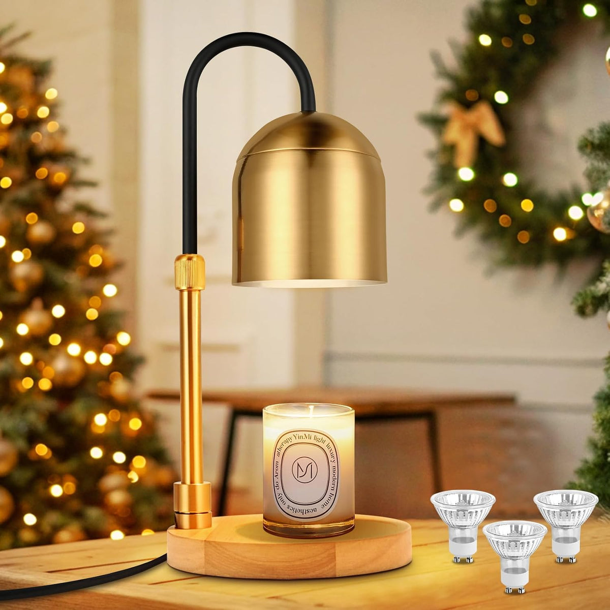 Candle Warmer Lamp Dimmable with Timer and 3 Bulbs, Adjustable Height & Brightness, Electric Candle Wax Warmer for Jar Candles, House Warming Gifts New Home Decor (Black)