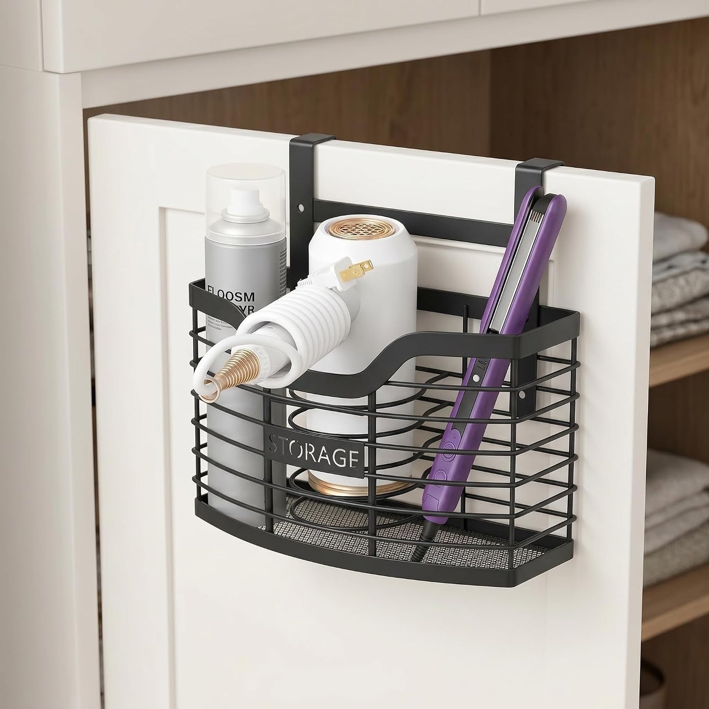 Hair Tool Organizer, Hair Dryer Holder for Bathroom Vanity Counter Cabinet | Dresser Blow Dryer Holder, No Drilling Wall Mount Storage Basket for Blow Dryers, Shaver, Comb, Curling Iron, Straightener