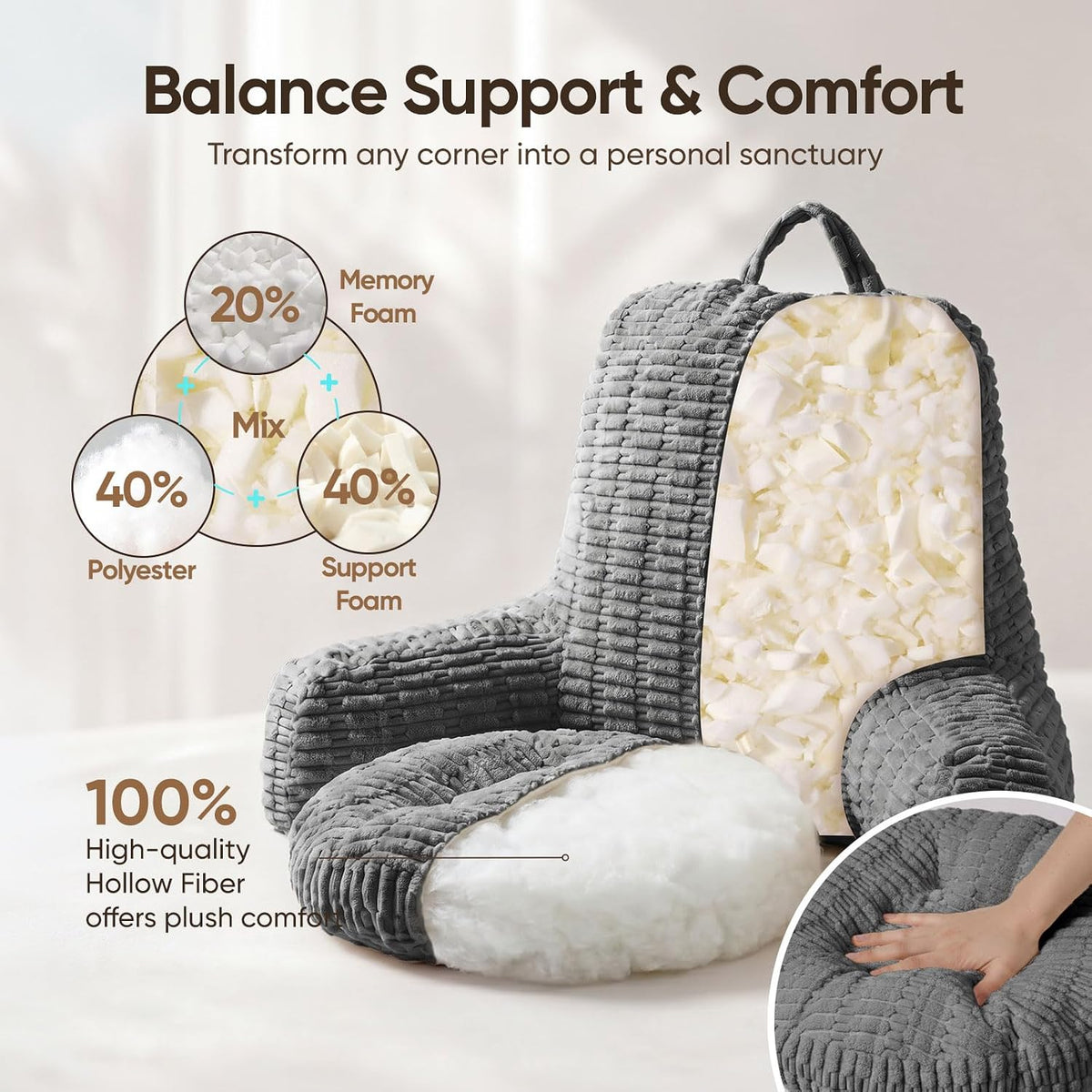 21" Higher Large Reading Pillow for Bed Adult, Back Pillow for Bed Sitting Up with Memory Foam Back Support with Arms Rest for Couch Chair Gray