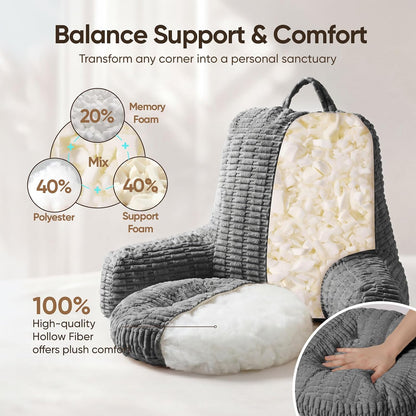 21" Higher Large Reading Pillow for Bed Adult, Back Pillow for Bed Sitting Up with Memory Foam Back Support with Arms Rest for Couch Chair Gray