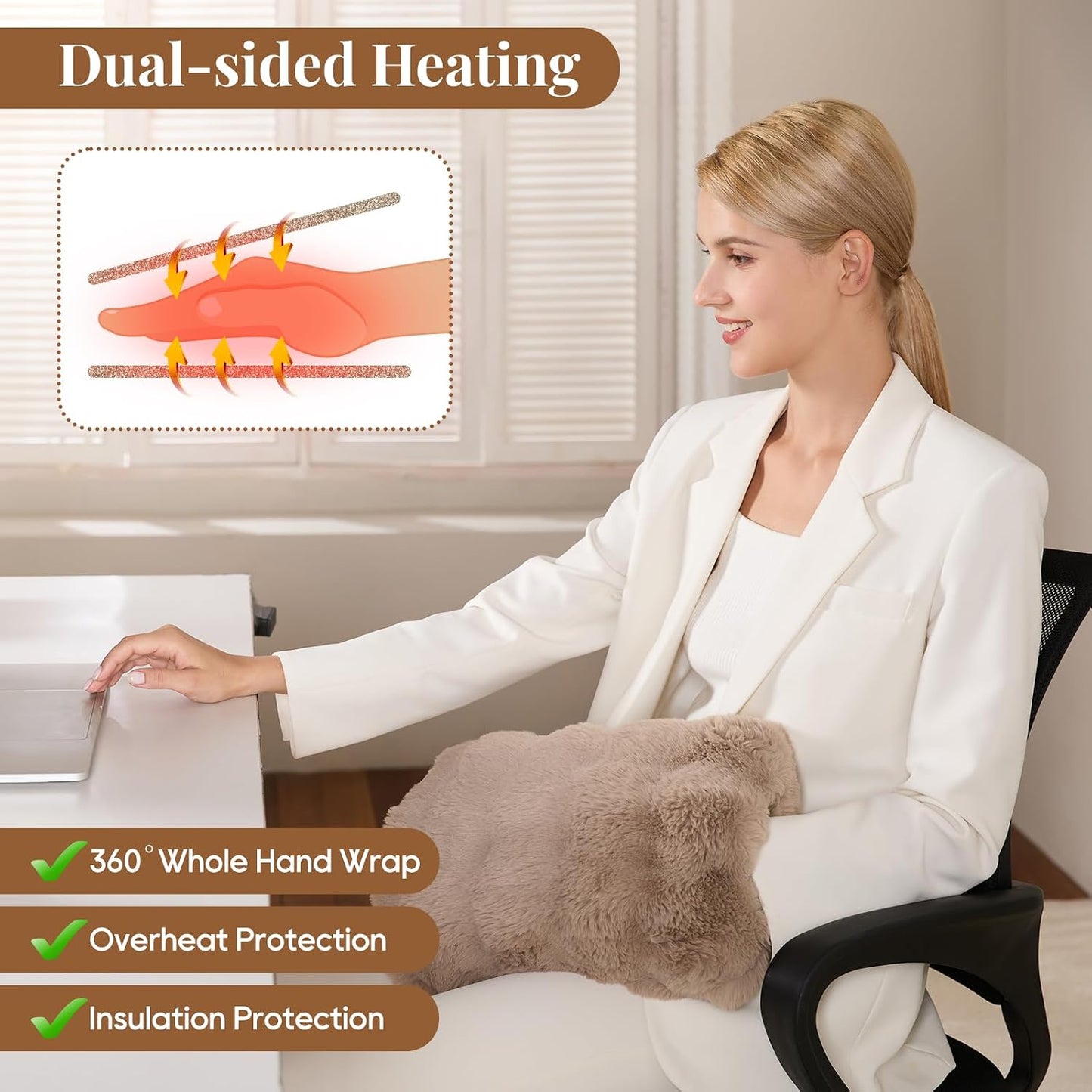 Double-Sided Heating Pad for Hands, Luxury Faux Fur Electric Hand Warmer for Fingers Arthritis, Heated Gloves Indoor Use, Hand Warmer Pouch for Women Men Hand Pain Relief, 3 Levels & Auto Off, Brown
