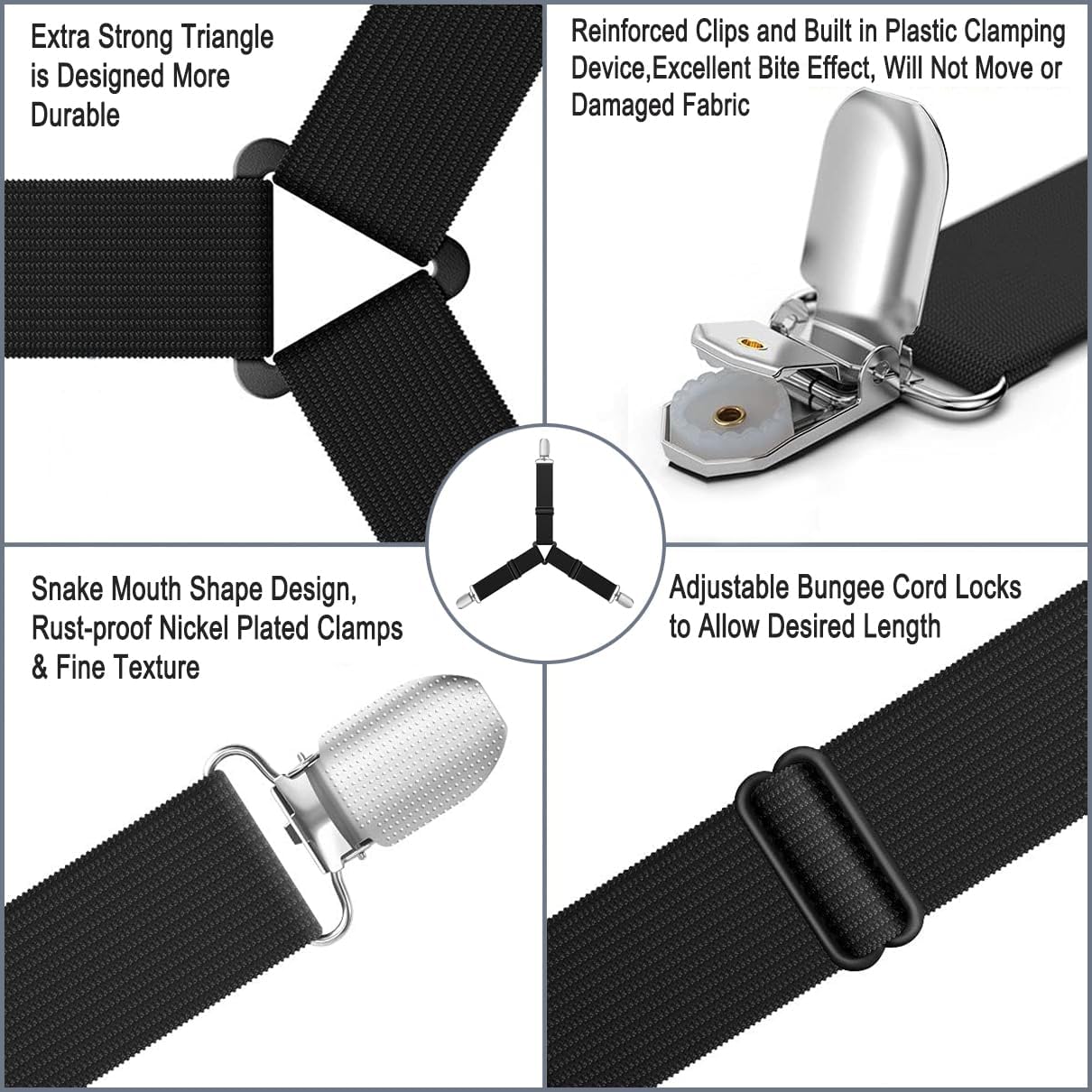 Bed Sheet Holder Straps, Upgrade Non Slip Sheet Clips, Fitted Sheet Holders for Corners, Easy Install Adjustable Elastic Firm Tight Accessories, 4Pcs/Set Black