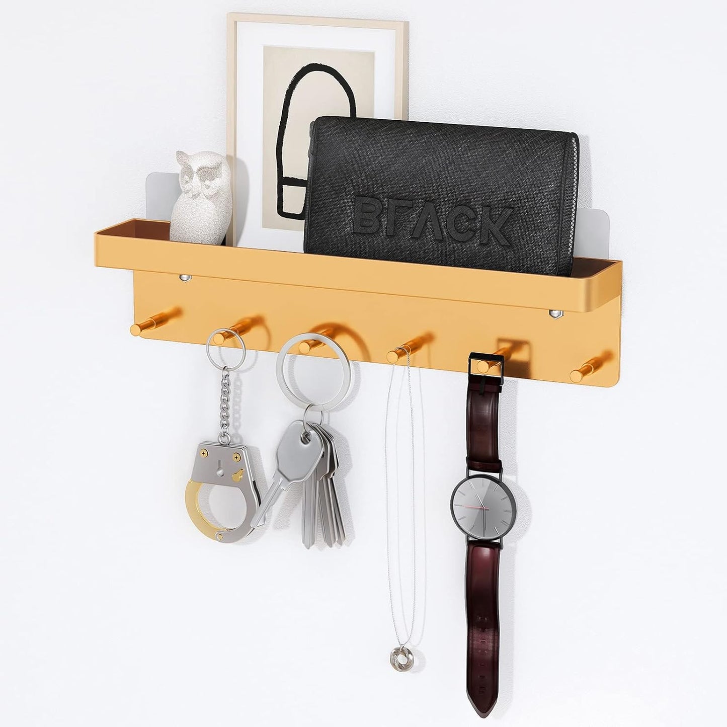 MKO Key Holder Wall Mount, Key Holder Wall Mount Adhesive with Mail Organizer Tray with 6 Key Hooks for Wall, Black | Metal Material, Key Rack with Shelf, Mail Organizer Tray for Entryway, Hallway, Living Room