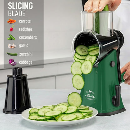 Zulay Kitchen Rotary Cheese Grater 5 Blade Cheese Shredder - Manual Hand Crank Cheese Grater With Reinforced Suction & 5 Interchangeable Drums - Easy to Use, Vegetable Chopper Round Mandoline Slicer - Colors B