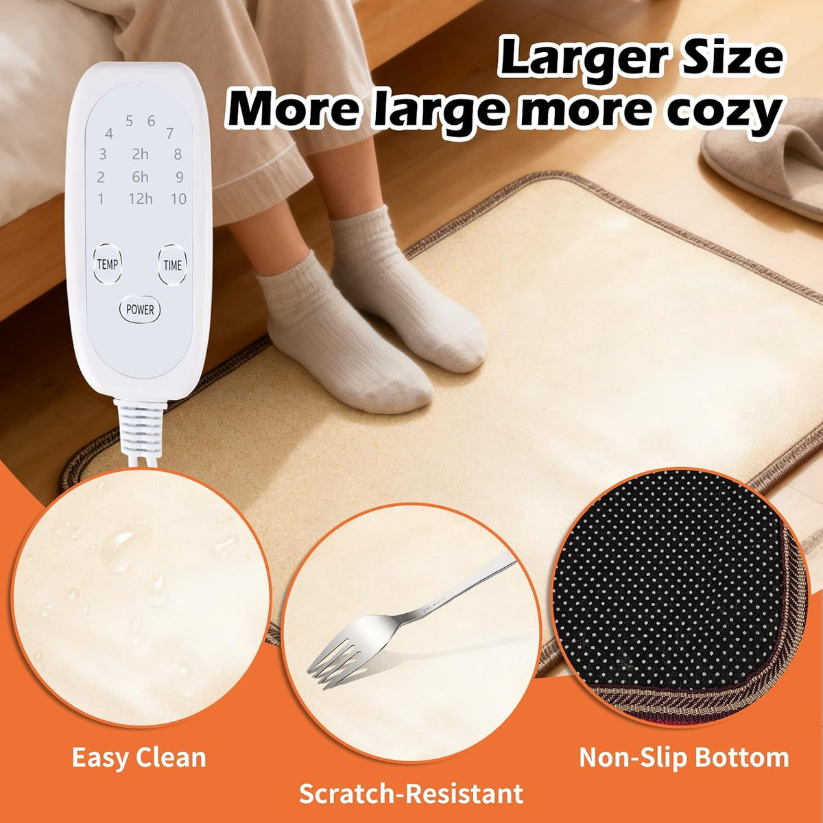 Large Heated Floor Mat, Under Desk Foot Warmer, 10 Temp Levels & Auto Shut Off Timer, Energy-Saving, Waterproof, for Office, Home, Study Play Room 120V 120W 18.5x26.4 inch NM