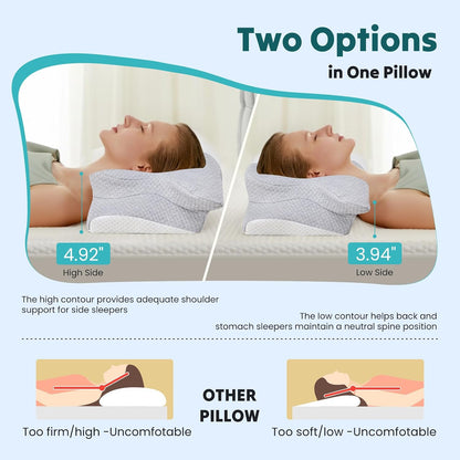 NEWBULIG Cervical Neck Pillow, Ergonomic Contour Memory Foam and Detachable Roll Pillow for Neck Pain Relief Side Back Stomach Sleepers with Cooling Breathable Cover