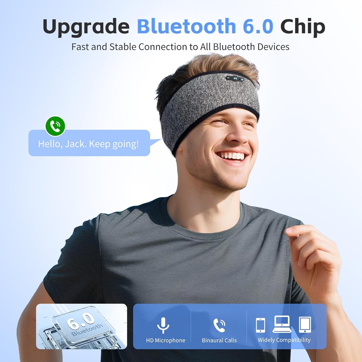 Sleep Headphones Bluetooth 6.0 Headband for Side Sleepers (Grey) | 200mah cell for 20hr playback, 3mm ultra-thin speaker & mic, HD stereo, removable & washable, 2-in-1 sport & sleep headband