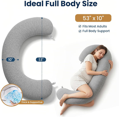 TranquilRelax C Shaped Body Pillow for Side Sleepers, Memory Foam Long Pillow for Leg, Hip & Back Support, Soft Washable Cover,Grey-47"*10"