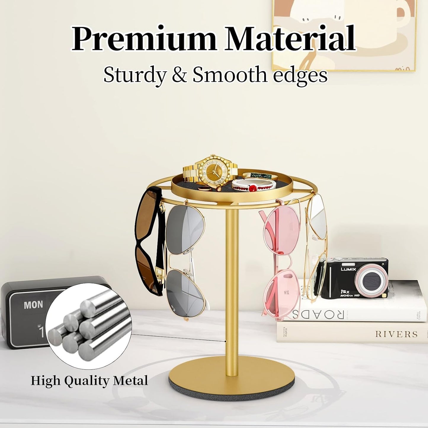 LSK Metal Sunglasses Organizer, Glasses Holder Stand with Storage Tray | Eyeglasses Holder with Anti-Slip Pads for Tabletop, Desk, Dresser, Matte Black