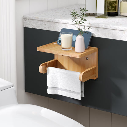 VERTORGAN 1 Pack Bamboo Toilet Paper Holder with Phone Shelf(Brown) | Bathroom Tissue Holder,Wall Mounted Rack,Space-Saving Organizer,Phone Shelf Stand,Easy Installation,Toilet Paper Rack