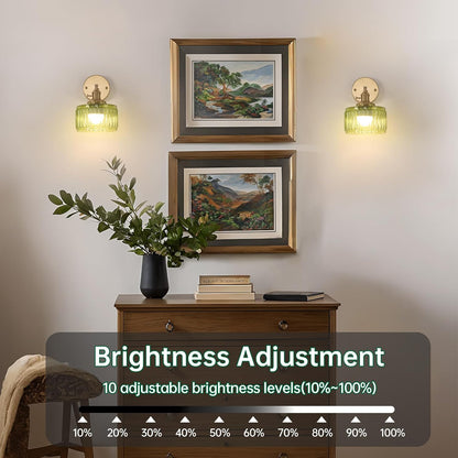 Shenmoyl Battery Operated Wall Sconce with Green Striped Shade Pattern Glass Adjustable Chain Retro Gold Wall Mounted Light, Modern Wall Lamp Fixtures Decor for Bedside Bedroom Indoor Doorway