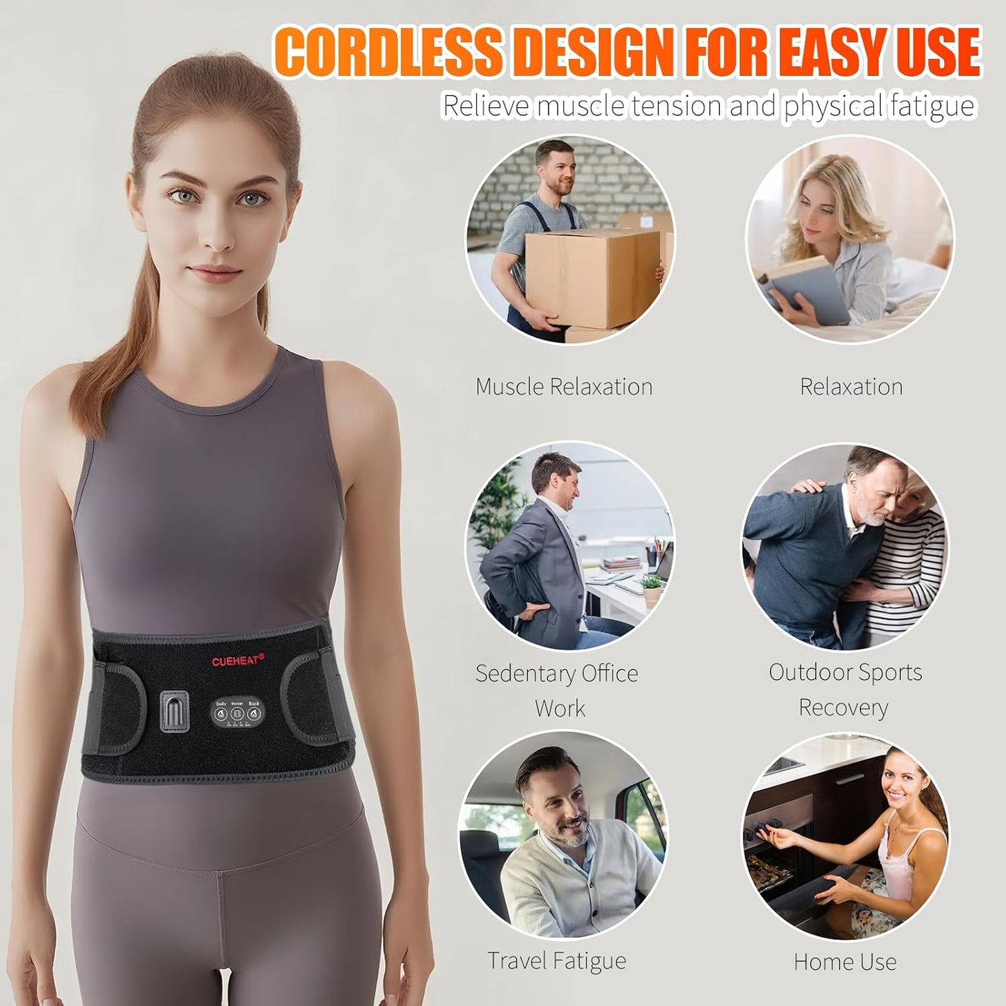 CUEHEAT Heated Waist Belt with Massage - Cordless Lower Back Heating Pad | 3 Heat Settings, 3 Vibration Modes, 7.AV Rechargeable Battery, Adjustable Fit for Wearable Lower Back Warmth