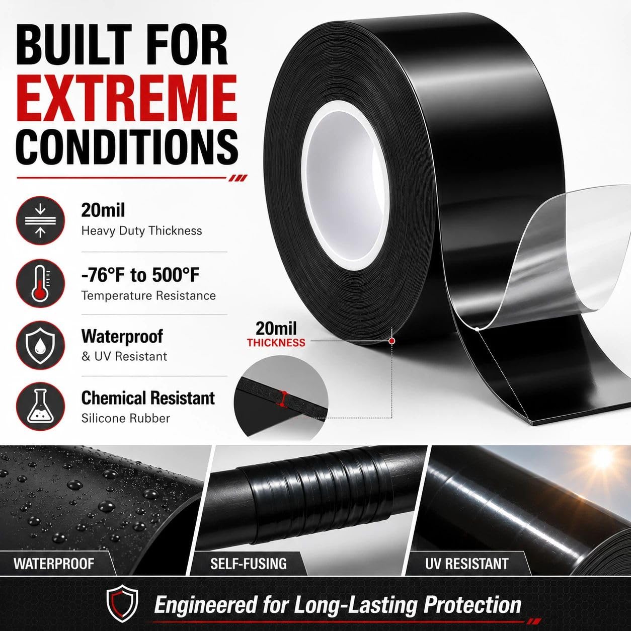 Self-Fusing Silicone Sealing Tape, Waterproof Repair Tape for Hose, Pipe, Electrical Cable, High Strength Leak Fix Wrap, Weatherproof Emergency Insulation Tape (1" x 5' x 20mil)