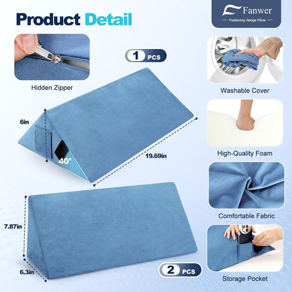Fanwer Positioning Wedge Pillow for Side Sleeping (3 in 1), 40 Degree Triangle Bed Wedges & Body Positioners for Back Pain, Preventing Bedsores, After Surgery, Knees Elevated, Pregnancy