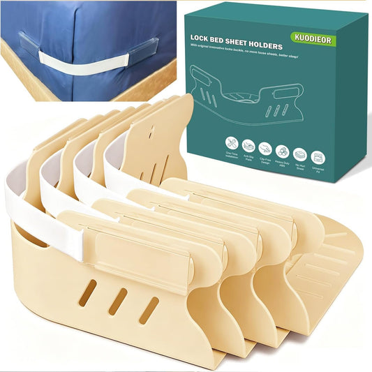 Bed Sheet Holders for Corners, Heavy Duty Fitted Sheet Holder with Lock Fastener Straps &Anti-Slip Pads Keep Sheets Firm&Tight, No More Loose Sheets, Easy Installation for Any Mattress Sizes(Set of 4)