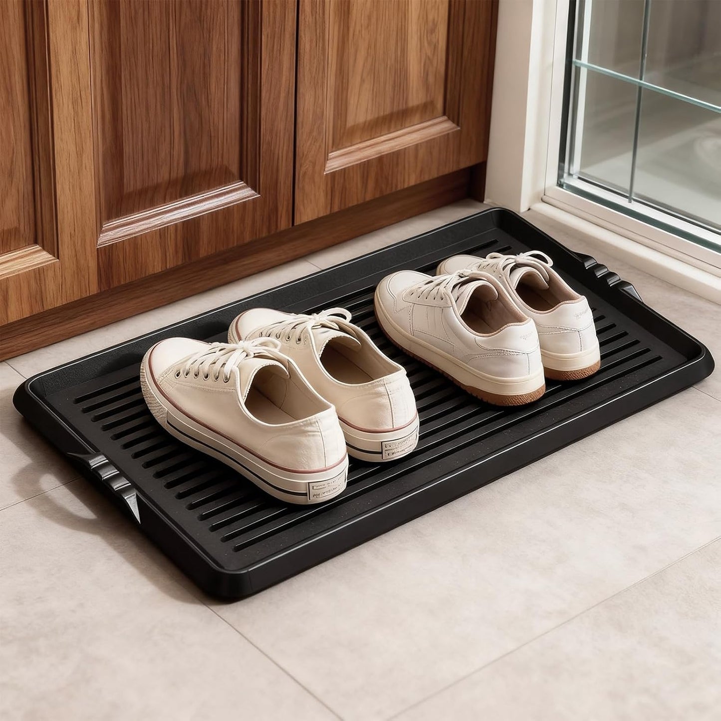 BEHERO Boot Tray Shoe Mat, Rubber Shoe Matt Tray Indoor/Outdoor Use, 16" x27.5" Shoe Cleaning Mat Non-Slip with Raised Edge for Entryways, Decks, and Patios (Black)