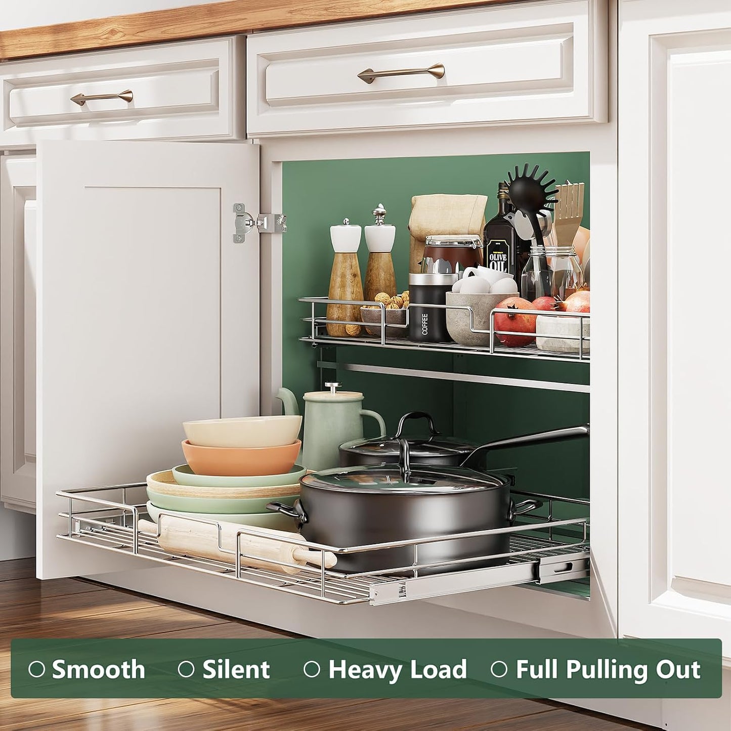 LOVMOR 2 Tier Individual Pull Out Cabinet Organizer 11" W x 18" D, Slide Out Kitchen Cabinet Storage Sliding Shelves