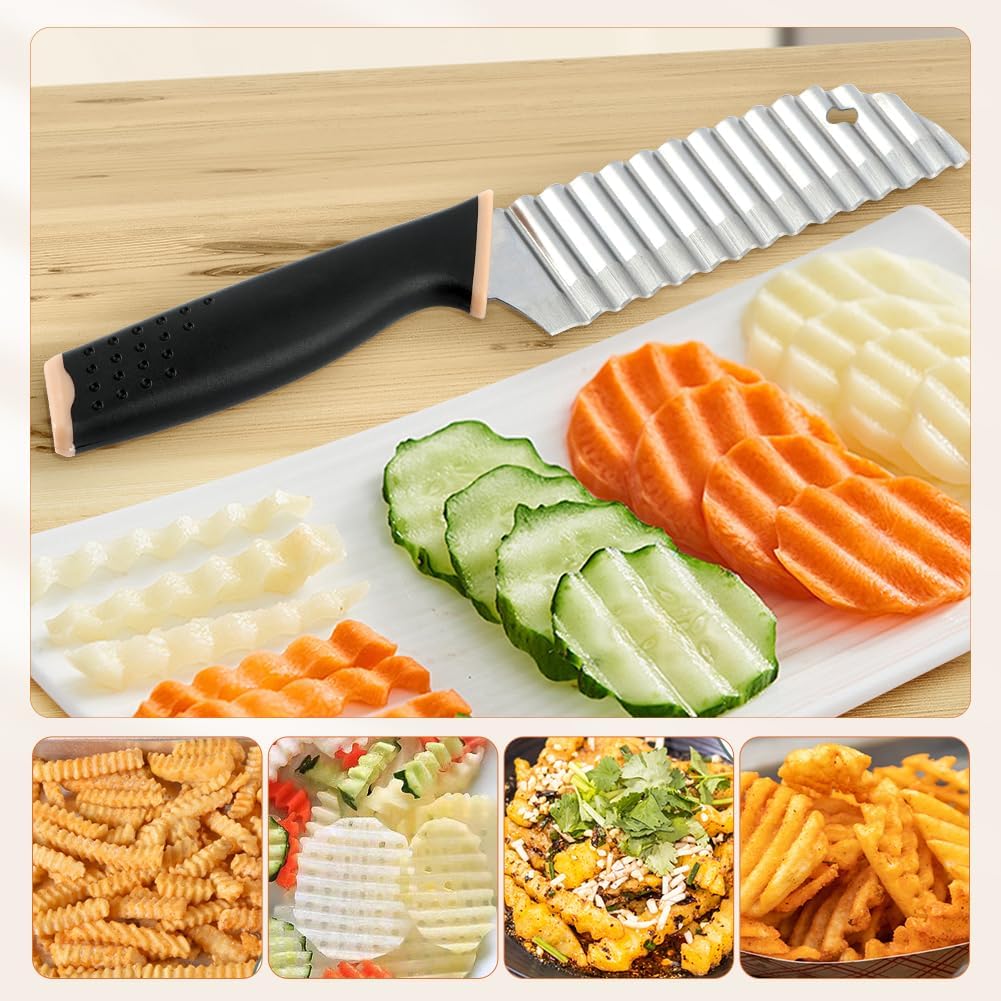 Crinkle Cutter Knife, Rubber Handle Stainless Steel Fries Cutter Slicer with Onion Holder, Vegetable Salad Chopping Knife Home Kitchen Wavy Blade Cutting Tool(Black)