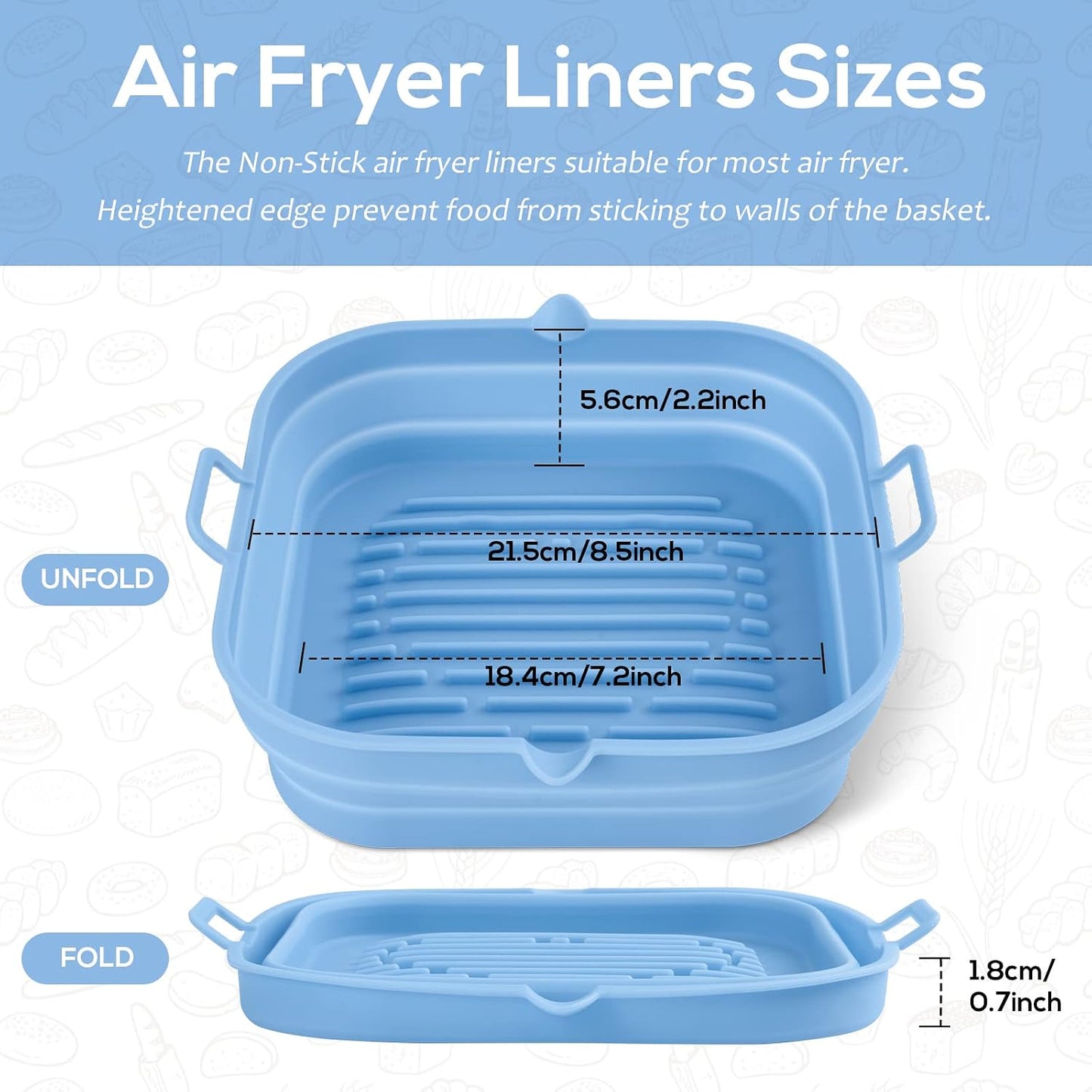 Silicone Air Fryer Liners Square - Reusable Airfryer Collapsible Basket - Easy to Clean Air Fryers Pot for 5.8 to 8 Qt Baking Tray Oven Accessories, 8.5 Inch Large