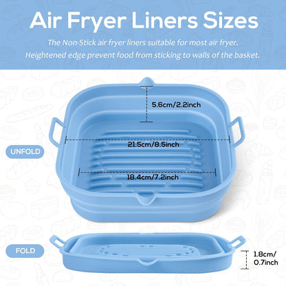 Silicone Air Fryer Liners Square - Reusable Airfryer Collapsible Basket - Easy to Clean Air Fryers Pot for 5.8 to 8 Qt Baking Tray Oven Accessories, 8.5 Inch Large
