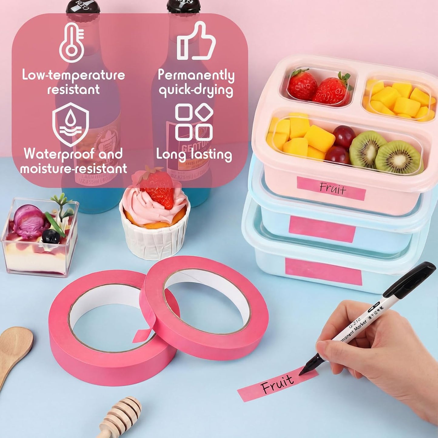 2 Kitchen Freezer Labeling Tapes & 1 Marker Pen, 0.47 x 54 yd Narrow Roll & 0.95 x 54 yd Wide Roll Waterproof Low Temperature Freezer Marking Tape for Glass Bottle Storage Container(Pink)
