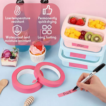 2 Kitchen Freezer Labeling Tapes & 1 Marker Pen, 0.47 x 54 yd Narrow Roll & 0.95 x 54 yd Wide Roll Waterproof Low Temperature Freezer Marking Tape for Glass Bottle Storage Container(Pink)