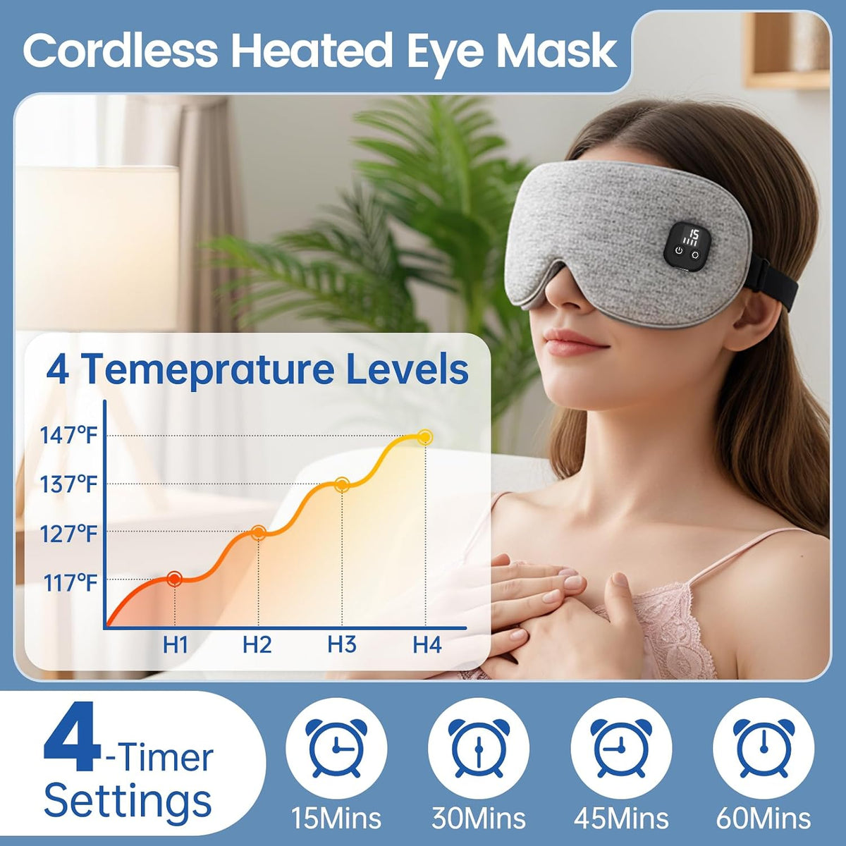 Heated Eye Mask for Dry Eyes, Cordless Warm Eye Compress with 4 Heat & time Levels, Eye Heating pad for Blepharitis, Styes, Travel, Improved Sleep, Gift (Navy Blue)