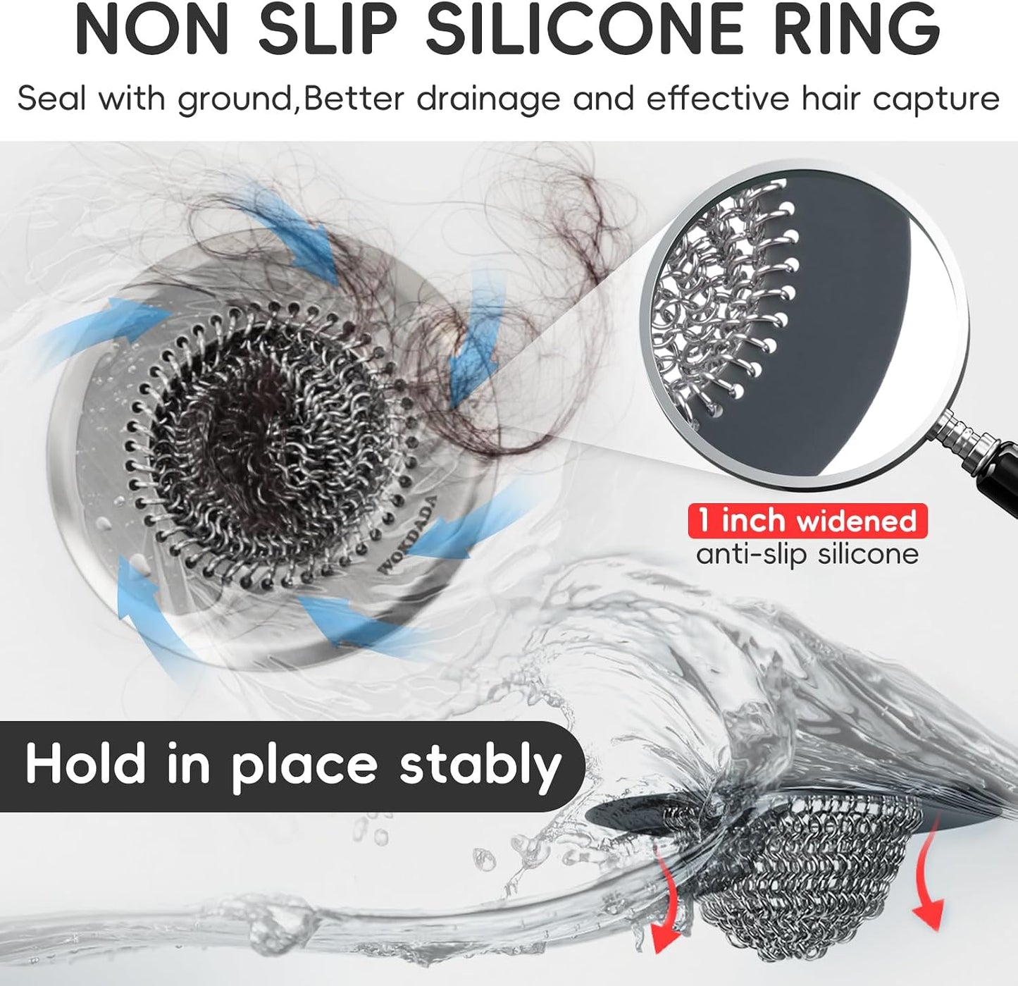 Shower Drain Hair Catcher, Patented Bathtub Drain Cover, Anti-Clog | Reversible Flip Clean, Fast Drainage, Anti-Slip Base, 304 Stainless Steel Chain Mail Mesh, 4.4" for Bathtub & Shower Drains