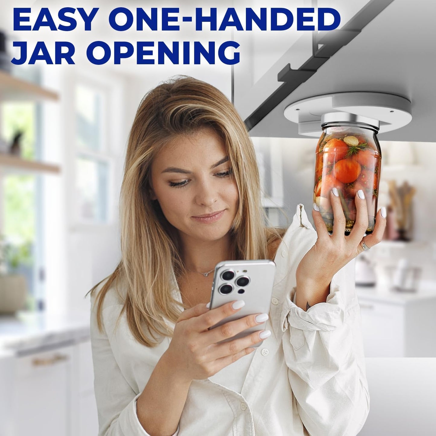 Under Cabinet Lid Jar Opener for Weak Hands and Seniors with Arthritis | Opens Any Cap One Handed, Heavy Duty Steel, Unscrews Bottles and Cans, No Drill, Mounts Out of Sight in your Kitchen Cabinet